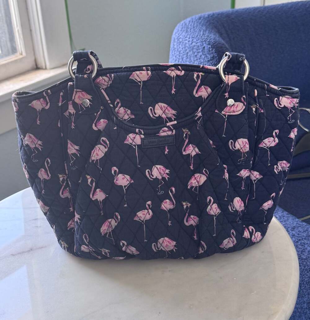Vera Bradley Quilted Glenna Tote Bag in Black Pink Flamingo Party Print